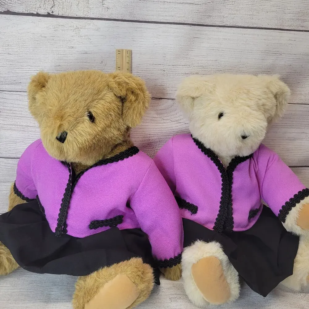 Set of Two Vermont Teddy Bears Tan and Beige Fur with Pink Black Outfits